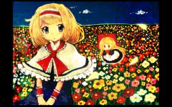 Rule 34 | 1girl, alice margatroid, blonde hair, blue eyes, bow, capelet, cloud, dress, faux traditional media, field, flower, flower field, framed, frilled dress, frills, glowing, hair bow, hairband, highres, horizon, kichin., long hair, looking at viewer, night, night sky, own hands together, parted lips, petals, ribbon, shanghai doll, short hair, sky, solid circle eyes, solo, touhou, wrist cuffs