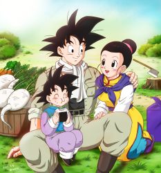 Rule 34 | 10s, 1girl, 2015, 2boys, :d, ^ ^, artist name, axe, belt, black eyes, black hair, carrot, chi-chi (dragon ball), child, chinese clothes, closed eyes, dated, day, dragon ball, dragon ball super, eating, family, father and son, food, grass, highres, husband and wife, kneeling, masa (p-piyo), mother and son, multiple boys, on lap, onigiri, open mouth, outdoors, scarf, sitting, smile, son goku, son goten, spiked hair, tree stump, turnip, weapon