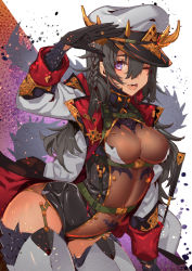 Rule 34 | 1girl, ;d, belt, black gloves, black hair, braid, breasts, dragon tail, fang, gloves, hair between eyes, hat, long hair, looking at viewer, military hat, navel, one eye closed, open mouth, original, purple eyes, see-through, smile, solo, tail, tajima ryuushi, teeth, thighhighs, tongue, whip