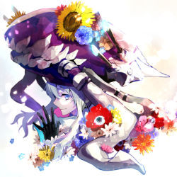 Rule 34 | 10s, 1girl, abyssal ship, black gloves, blue eyes, colored skin, colorful, flower, gloves, hat, hat flower, kantai collection, light particles, light smile, nozaki tsubata, own hands together, profile, short hair, sidelocks, solo, steepled fingers, sunflower, tentacles, turret, white hair, white skin, wo-class aircraft carrier