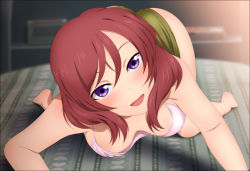 Rule 34 | 10s, 1girl, all fours, ass, barefoot, bed, blurry, blush, breasts, cleavage, depth of field, feet, female focus, green shorts, hanging breasts, highres, indoors, large breasts, legs, looking at viewer, love live!, love live! school idol project, nishikino maki, open mouth, purple eyes, red hair, short hair, short shorts, shorts, solo, staring, thighs, toes, yadokari genpachirou