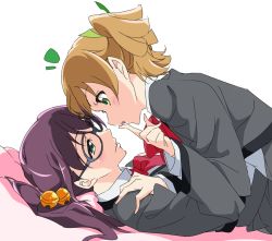 Rule 34 | 10s, 2girls, bell, black-framed eyewear, black jacket, black skirt, blazer, blonde hair, bow, collared shirt, daiba nana, dress shirt, eye contact, face-to-face, finger in another&#039;s mouth, finger to another&#039;s mouth, girl on top, glasses, green eyes, hair bell, hair ornament, hoshimi junna, jacket, jingle bell, long hair, long sleeves, looking at another, lying, multiple girls, on back, pleated skirt, ponytail, purple hair, red bow, seductive smile, shirt, short hair, shoujo kageki revue starlight, skirt, smile, twintails, umanosuke, white shirt, yuri