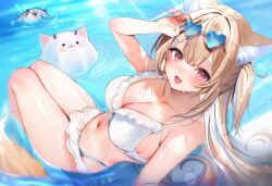 Rule 34 | 2girls, absurdres, animal ear fluff, animal ears, bare shoulders, bikini, blonde hair, blue hair, blush, breasts, cleavage, dog ears, dog girl, dog tail, fuwawa abyssgard, grey hair, hair ornament, highres, hololive, hololive english, koseki bijou, large breasts, long hair, maru ccy, multicolored hair, multiple girls, navel, open mouth, perroccino (fuwamoco), pink eyes, purple eyes, streaked hair, swimsuit, tail, virtual youtuber