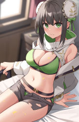 Rule 34 | 1girl, absurdres, bare shoulders, belt, bikini, black hair, black shorts, blurry, breasts, bun cover, cleavage, depth of field, fate/grand order, fate (series), green bikini, green eyes, high collar, highres, indoors, jacket, large breasts, long sleeves, looking at viewer, midriff, navel, off shoulder, open clothes, open fly, open jacket, qin liangyu (chainsaw of the dead) (fate), qin liangyu (fate), short hair, short shorts, shorts, side slit, sidelocks, sitting, solo, stomach, suiroh (shideoukami), swimsuit, thighs, torn clothes, torn shorts, white jacket