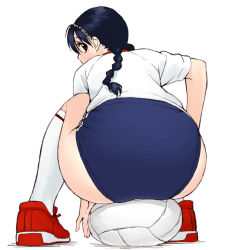 Rule 34 | 1girl, ass, back, ball, black hair, braid, buruma, from behind, gym uniform, jinroku, long hair, looking back, simple background, sitting, socks, solo, twin braids, volleyball, volleyball (object), white background