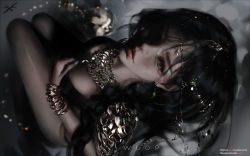 Rule 34 | 1girl, artist name, black hair, bracelet, breasts, chain, earrings, from above, ghostblade, gold chain, green eyes, head chain, highres, jewelry, long hair, looking at viewer, looking up, magatama, magatama earrings, medium breasts, necklace, patreon username, princess aeolian, red lips, solo, watermark, web address, wlop
