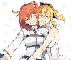 Rule 34 | 2girls, :d, ^ ^, ahoge, artoria pendragon (all), artoria pendragon (fate), bare arms, bare shoulders, black bow, black ribbon, blonde hair, blush, bow, breasts, cheek-to-cheek, closed eyes, couple, detached collar, dress, closed eyes, face-to-face, fate/grand order, fate/stay night, fate/unlimited codes, fate (series), female focus, fujimaru ritsuka (female), gloves, hair between eyes, hair bow, hair ornament, hair ribbon, hair scrunchie, happy, head tilt, heads together, hug, hug from behind, large breasts, laughing, long hair, long sleeves, medium breasts, multiple girls, neck, open mouth, orange hair, petals, ponytail, ribbon, saber (fate), saber lily, scrunchie, short hair, side ponytail, simple background, sleeveless, sleeveless dress, smile, strapless, strapless dress, type-moon, u 928, uniform, white background, white dress, white gloves, white uniform, yellow scrunchie, yuri