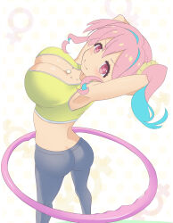 Rule 34 | 1girl, absurdres, armpits, arms behind head, arms up, ass, blue hair, breasts, commentary request, crop top, feet out of frame, from behind, hair between eyes, hair intakes, hair ornament, hair scrunchie, highres, hoop, hozuki kaede, hula hoop, jewelry, large breasts, light blush, looking at viewer, looking back, male-female symbol, midriff, multicolored hair, necklace, onii-chan wa oshimai!, pink eyes, pink hair, scrunchie, shirt, side ponytail, sidelocks, simple background, smile, solo, two-tone hair, unlimi (unlimi neko), venus symbol, yellow scrunchie, yellow shirt