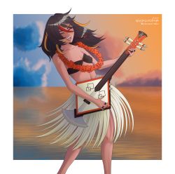Rule 34 | absurdres, alpen, alternate costume, bad id, bad pixiv id, black hair, closed eyes, genshin impact, grass skirt, guitar, highres, hula, instrument, music, open mouth, playing instrument, self-upload, smile, solo, tan, xinyan (genshin impact)
