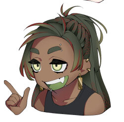 Rule 34 | 1boy, black tank top, colored tongue, commentary request, cropped torso, dark-skinned male, dark skin, deformed, dreadlocks, ear piercing, earrings, eyebrow piercing, fang, green eyes, green hair, green tongue, hand up, index finger raised, jewelry, long hair, male focus, mouth piercing, open mouth, original, piercing, simple background, solo, tank top, upper body, white background, zzb azz