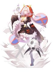 Rule 34 | 1girl, absurdres, ahoge, asymmetrical legwear, black dress, black footwear, bow, chinese commentary, clock, commentary, dress, dress bow, drone, dust cloud, frilled dress, frilled hood, frilled thighhighs, frills, full body, hair between eyes, hair through hood, highres, hood, long hair, mecha, mismatched legwear, no.21&#039;s buddy (punishing: gray raven), no.21: xxi (red hoodie) (punishing: gray raven), no.21 (punishing: gray raven), official alternate costume, one-eyed, plume, pole, punishing: gray raven, qibo, red bow, red hood, road sign, robot, short dress, sign, simple background, sleeves past fingers, sleeves past wrists, solo, standing, standing on one leg, striped clothes, striped thighhighs, tachi-e, thighhighs, tiptoes, vertical-striped clothes, vertical-striped thighhighs, very long sleeves, waist bow, walker (robot), white background, white bow, white hair, white thighhighs, yellow eyes