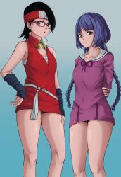 Rule 34 | 2girls, armor, arms behind back, bare legs, black eyes, black hair, blue hair, boruto: naruto next generations, breasts, cleavage, dou, dress, glasses, hand on own hip, highres, holding own arm, japanese armor, kakei sumire, looking at viewer, low twintails, mana (manasenshou), multiple girls, naruto (series), sailor collar, sailor dress, short dress, short hair, thighs, twintails, uchiha sarada