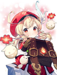 Rule 34 | 1girl, backpack, bag, bag charm, blonde hair, brown gloves, brown scarf, cabbie hat, charm (object), clover print, coat, commentary, dodoco (genshin impact), feathers, genshin impact, gloves, hat, hat feather, hat ornament, highres, klee (genshin impact), low twintails, randoseru, red coat, red eyes, red hat, rumi (rarumi11), scarf, solo, twintails, white feathers