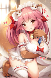 Rule 34 | 1girl, :3, animal ears, animal hands, apron, bell, blush, breast hold, breasts, cisyo, cleavage, collar, fangs, fangs out, fate/grand order, fate (series), fox ears, fox tail, hair ribbon, heart, large breasts, long hair, looking at viewer, maid headdress, naked apron, neck bell, paw shoes, pink hair, ribbon, solo, tail, tamamo (fate), tamamo cat (fate), tamamo cat (third ascension) (fate), tamamo no mae (fate/extra), yellow eyes