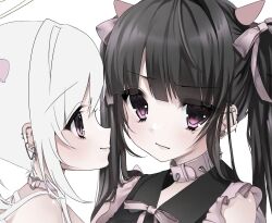 Rule 34 | 2girls, black dress, black eyes, black hair, blunt bangs, blush, bow, choker, collar, collared dress, commentary request, dress, earrings, eyes visible through hair, frilled dress, frills, hair intakes, hair ribbon, heart, heart choker, highres, horns, jewelry, looking at another, looking at viewer, multicolored clothes, multicolored dress, multiple girls, original, pink bow, pink dress, portrait, ribbon, sidelocks, simple background, sleeveless, sleeveless dress, smile, spiked collar, spikes, twintails, usausausabarasi, white background, white hair, yuri