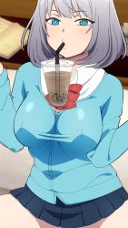 Rule 34 | 1girl, bendy straw, blue cardigan, blue eyes, blue skirt, blush, book, bow, breasts, bubble tea, bubble tea challenge, cardigan, closed mouth, collared shirt, commentary request, cup, disposable cup, drinking, drinking straw, grey hair, hands up, joutarou, large breasts, long sleeves, looking at viewer, object on breast, open book, panties, pleated skirt, red bow, shirt, skirt, solo, spread legs, tejina senpai, tejina senpai (series), underwear, white panties, white shirt
