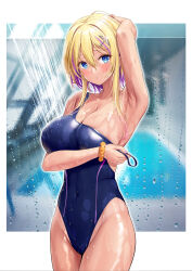 Rule 34 | 1girl, alternate costume, armpits, azur lane, bath, bathing, blonde hair, blue eyes, blurry, blurry background, blush, breasts, competition swimsuit, hair between eyes, hair ornament, hairclip, highres, large breasts, looking at viewer, marblehead (azur lane), multicolored hair, one-piece swimsuit, pink hair, presenting armpit, rei no pool, short hair with long locks, silveroid, smile, solo, swimsuit, two-tone hair, wet, wet clothes, wet swimsuit
