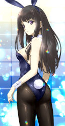 Rule 34 | 1girl, absurdres, animal ears, ass, back-seamed pantyhose, black hair, black pantyhose, blue bow, blue bowtie, blue leotard, bow, bowtie, breasts, detached collar, from behind, highres, inoue takina, leotard, long hair, lycoris recoil, memory (prophet5), pantyhose, playboy bunny, purple eyes, rabbit ears, rabbit tail, small breasts, solo, strapless, strapless leotard, tail, wrist cuffs
