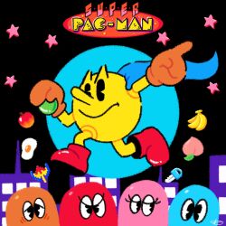 Rule 34 | 1girl, 4boys, apple, banana, black background, blinky, boots, city, clyde (pac-man), copyright name, egg, eyelashes, food, fruit, full body, ghost, gloves, half-closed eyes, hand on another&#039;s shoulder, highres, inky (pac-man), jradical2014, multiple boys, namco, orange gloves, pac-man, pac-man (game), peach, pinky (pacman), red footwear, running, star (symbol), v-shaped eyes, wavy mouth, wrinkled skin