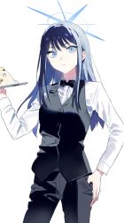 Rule 34 | 1girl, alternate costume, black bow, black pants, black vest, blue archive, blue eyes, blue hair, bow, bowtie, buttons, closed mouth, collared shirt, commentary request, cowboy shot, expressionless, hair between eyes, highres, holding, holding tray, long hair, long sleeves, looking at viewer, nmnm2332chan, pants, peroro (blue archive), saori (blue archive), shirt, simple background, solo, standing, tray, vest, white background, white shirt
