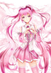 Rule 34 | 1girl, bad id, bad pixiv id, detached sleeves, hair ribbon, hatsune miku, heart, heart hands, highres, long hair, looking at viewer, pink eyes, pink hair, pink skirt, pink theme, pink thighhighs, ribbon, sakura miku, skirt, solo, thighhighs, twintails, vocaloid, xiaosan ye