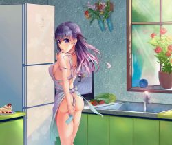 Rule 34 | 1girl, absurdres, apron, ass, breasts, cake, covering privates, covering ass, earrings, fate/stay night, fate (series), flower, food, fruit, green nails, hair ornament, hair ribbon, highres, indoors, jewelry, kitchen, looking at viewer, looking back, matou sakura, nail polish, naked apron, plate, purple eyes, purple hair, refrigerator, ribbon, short hair, sideboob, sink, solo, syan (tiaowudegutou), table, vase, water, window