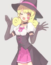 Rule 34 | 1girl, ;d, bare legs, black choker, black gloves, blonde hair, choker, collarbone, corset, cowboy shot, curly hair, elbow gloves, facial mark, gloves, grey background, halloween costume, hat, heart, heart facial mark, highres, hinata yume, long hair, mewkledreamy, nokita (pinmisil), one eye closed, open mouth, orange eyes, pink skirt, pleated skirt, puffy short sleeves, puffy sleeves, shirt, short sleeves, simple background, skirt, smile, solo, white shirt, witch hat