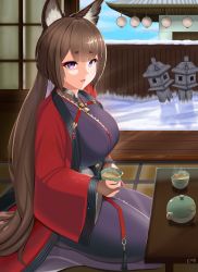 Rule 34 | 1girl, absurdres, amagi (azur lane), animal ear fluff, azur lane, breasts, brown hair, castell, coat, cup, highres, holding, holding cup, indoors, japanese clothes, kimono, large breasts, long hair, open clothes, open coat, purple eyes, purple kimono, red coat, seiza, shadow, sitting, snow, solo, steam, thick eyebrows, very long hair, winter