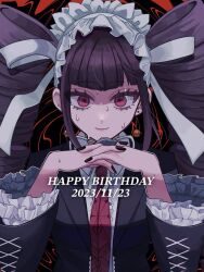 Rule 34 | 1girl, black background, black nails, blunt bangs, breasts, celestia ludenberg, danganronpa: trigger happy havoc, danganronpa (series), dated, drill hair, earrings, frilled jacket, frills, happy birthday, highres, interlocked fingers, jacket, jewelry, large breasts, long hair, long sleeves, michi (michiisidayo), necktie, open clothes, open jacket, own hands together, red background, red eyes, red necktie, solo, sweat, twin drills, twintails