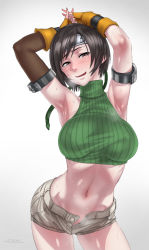 Rule 34 | 1990s (style), 1girl, armlet, armpits, arms up, artist name, bare shoulders, black hair, blush, breasts, breath, brown gloves, buttons, contrapposto, covered erect nipples, crop top, final fantasy, final fantasy vii, fingerless gloves, gloves, grey background, half-closed eyes, head tilt, headband, looking at viewer, midriff, navel, open clothes, open fly, open shorts, own hands clasped, own hands together, retro artstyle, sgk, short hair, shorts, simple background, sleeveless, solo, standing, stomach, striped, sweat, turtleneck, unbuttoned, vertical stripes, wet, yuffie kisaragi