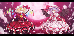 Rule 34 | 2girls, adapted costume, ascot, bat wings, blonde hair, bow, clothes lift, cloud, dress, dress lift, embodiment of scarlet devil, fang, flandre scarlet, frilled dress, frilled shirt, frills, full moon, gem, hat, highres, jewelry, letterboxed, looking at viewer, mizutama (11341737), moon, multiple girls, open mouth, petals, purple hair, red eyes, red sky, remilia scarlet, ribbon, shirt, short hair, short sleeves, sky, smile, touhou, wings
