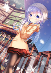 Rule 34 | 1girl, :o, blue eyes, blue hair, blue umbrella, blurry, blurry background, blush, brown jacket, brown pantyhose, building, chinomaron, commentary request, day, depth of field, dutch angle, gochuumon wa usagi desu ka?, hair between eyes, hair ornament, highres, holding, holding umbrella, hood, hood down, hooded jacket, jacket, kafuu chino, long hair, long sleeves, looking at viewer, looking to the side, outdoors, pantyhose, parted lips, pleated skirt, polka dot, polka dot umbrella, railing, red skirt, signature, skirt, sleeves past wrists, snowflakes, snowing, solo, umbrella, very long hair, window, x hair ornament