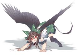 Rule 34 | 1girl, :d, all fours, black footwear, black thighhighs, black wings, bow, brown hair, clothing cutout, commentary request, feathered wings, frilled skirt, frilled sleeves, frills, full body, green bow, green skirt, griffin, hair between eyes, hair bow, highres, looking at viewer, mary janes, miniskirt, open mouth, puffy short sleeves, puffy sleeves, red eyes, reiuji utsuho, shadow, shirt, shoes, short sleeves, shoulder cutout, sidelocks, skirt, smile, solo, tail, thighhighs, top-down bottom-up, touhou, toutenkou, white background, white shirt, wings