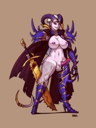 Rule 34 | 1futa, armor, asymmetrical footwear, asymmetrical legwear, black sclera, blazbaros, boots, breasts, cape, chainsword, chaos (warhammer), colored sclera, commission, daemonette, daemonhost, erection, fishnet thighhighs, fishnets, fulgrim, full-package futanari, full body, futanari, gauntlets, gem, gold trim, high heel boots, high heels, highres, holding, holding sword, holding weapon, horn ornament, horn ring, horns, jewelry, large breasts, large penis, medium breasts, mismatched footwear, mismatched legwear, navel, nipple piercing, nipples, pale skin, pauldrons, penis, penis sheath, piercing, pointy ears, red eyes, shoulder armor, simple background, solo, spiked tail, spikes, standing, sword, tail, testicles, thick thighs, thigh boots, thighhighs, thighs, uncensored, warhammer 40k, weapon, white hair, wide hips