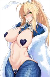 Rule 34 | 1girl, ahoge, animal ears, artoria pendragon (all), artoria pendragon (fate), artoria pendragon (swimsuit ruler) (fate), blonde hair, blue necktie, braid, breasts, cropped jacket, fake animal ears, fate/grand order, fate (series), feather boa, french braid, green eyes, hair between eyes, heart maebari, heart pasties, highres, kawabata yoshihiro, large breasts, leotard, maebari, meme attire, navel, necktie, pantyhose, pasties, playboy bunny, ponytail, rabbit ears, revealing clothes, reverse bunnysuit, reverse outfit, shrug (clothing), sidelocks, simple background, solo, swept bangs, white background