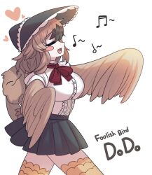 Rule 34 | 1girl, animal ears, arm up, bird legs, black skirt, black souls, blush, blush stickers, bonnet, bow, bowtie, breasts, brown feathers, brown hair, brown wings, closed eyes, cowboy shot, dodo (black souls), english text, feathered wings, feathers, floppy ears, fluffy (black souls), from side, heart, large breasts, monster girl, music, musical note, open mouth, red bow, red bowtie, shirt, simple background, singing, skirt, tagme, thighhighs, thighs, white background, white shirt, winged arms, wings, wujurana, zettai ryouiki