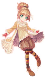 Rule 34 | 1girl, absurdres, brown footwear, brown hair, fingerless gloves, full body, gloves, green eyes, hair bun, highres, jacket, kankurou, lace, lace-trimmed shirt, lace trim, long sleeves, multicolored clothes, multicolored legwear, open mouth, original, pantyhose, patterned legwear, shirt, shoes, simple background, single hair bun, smile, solo, suspenders, thumb hole, white background