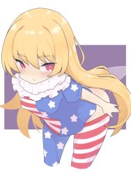 Rule 34 | 1girl, american flag, american flag pants, american flag print, american flag shirt, arm up, blonde hair, blouse, blush, border, breasts, burumanoeat, clownpiece, commentary request, eyelashes, fairy wings, flag print, hair between eyes, hand up, highres, long hair, looking back, neck ruff, no headwear, open mouth, outside border, pants, pink eyes, print pants, print shirt, purple background, shirt, short hair, simple background, small breasts, solo, standing, star (symbol), star print, striped clothes, striped pants, striped shirt, touhou, v-shaped eyebrows, white border, wings