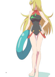 Rule 34 | 1girl, blonde hair, cosplay, holding, holding swim ring, innertube, kageyasu, long hair, looking to the side, mythra (xenoblade), one-piece swimsuit, pyra (pro swimmer) (xenoblade), pyra (pro swimmer) (xenoblade) (cosplay), simple background, solo, swim ring, swimsuit, white background, xenoblade chronicles (series), xenoblade chronicles 2, yellow eyes