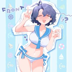 Rule 34 | 1girl, = =, antenna hair, bent v, bettermenty, breasts, cleavage, collarbone, idolmaster, idolmaster million live!, large breasts, navel, outline, sailor bikini, sailor collar, sailor swimsuit (idolmaster), smile, solo, stomach, tears, toyokawa fuka, trembling, v, white outline