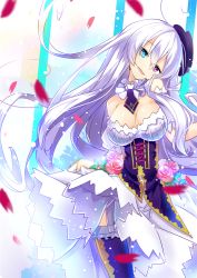 Rule 34 | 1girl, bad id, bad pixiv id, bare shoulders, blue eyes, breasts, canon (nyori), gradient background, hat, head tilt, heterochromia, long hair, looking at viewer, nyori, original, petals, purple eyes, purple thighhighs, smile, solo, striped, striped background, thighhighs, very long hair, white hair
