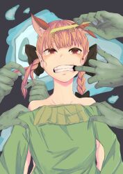 Rule 34 | 1girl, 3boys, absurdres, animal ears, areola slip, blunt bangs, braid, breasts, cat ears, clenched teeth, dark background, dress, extra ears, finger in another&#039;s mouth, goblin, goblin male, green dress, hetero, highres, hitodama, holding, holding clothes, holding dress, kaenbyou rin, large breasts, medium hair, mouth pull, multiple boys, nude, paguningen, pink eyes, pink hair, pointy ears, pov, pov hands, simple background, solo focus, teeth, touhou, upper body, v-shaped eyebrows