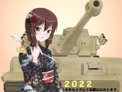 Rule 34 | 1girl, 2022, :o, arrow (projectile), black kimono, brown eyes, brown hair, commentary, ddg-174, ema, floral print, girls und panzer, hair ornament, hamaya, highres, holding, holding arrow, japanese clothes, kimono, kotoyoro, looking at viewer, military, military vehicle, motor vehicle, new year, nishizumi maho, obi, parted lips, print kimono, sash, short hair, solo, standing, tank, tiger i, translated