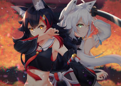 Rule 34 | 2girls, absurdres, ahoge, animal ear fluff, animal ears, arms up, back-to-back, black hair, black shirt, blue neckerchief, breasts, claw pose, crop top, detached sleeves, fox ears, fox girl, green eyes, hair between eyes, hair ornament, hairclip, highres, holding, holding sword, holding weapon, hololive, hololive alternative, hood, hoodie, huge filesize, katana, looking at viewer, medium breasts, midriff, multicolored hair, multiple girls, navel, neckerchief, ookami mio, ookami mio (1st costume), outstretched arm, red hair, red neckerchief, shiinochi, shirakami fubuki, shirakami fubuki (1st costume), shirt, sidelocks, signature, small breasts, smile, streaked hair, sword, two-tone hair, upper body, virtual youtuber, weapon, white hair, white hoodie, wolf ears, wolf girl, yellow eyes