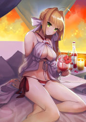 Rule 34 | 1girl, absurdres, ahoge, bare shoulders, bed, bikini, blonde hair, blush, bottle, braid, breasts, candle, cleavage, closed mouth, collarbone, criss-cross halter, cup, drinking glass, earrings, fate/grand order, fate (series), french braid, gradient sky, green eyes, hair between eyes, hair intakes, hair ribbon, halterneck, highres, huge filesize, jewelry, large breasts, long hair, looking at viewer, navel, nero claudius (fate), nero claudius (fate) (all), nero claudius (swimsuit caster) (fate), nero claudius (swimsuit caster) (third ascension) (fate), orange sky, red bikini, ribbon, sahara1127, side-tie bikini bottom, sitting, sky, smile, striped bikini, striped clothes, sunset, swimsuit, thighs, twilight, white ribbon