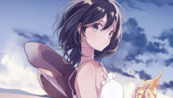 Rule 34 | 1girl, bare arms, bare shoulders, beach, black hair, brown hat, closed mouth, cloud, dress, from side, hair between eyes, hat, hat on back, highres, holding, looking at viewer, looking to the side, night, night sky, original, outdoors, purple eyes, sand, shell, short hair, sky, smile, solo, star (sky), starry sky, sundress, umiko (munemiu), unworn hat, unworn headwear, upper body, white dress, wind turbine, windmill