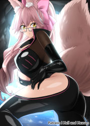Rule 34 | 1girl, animal ear fluff, animal ears, ass, backlighting, black bodysuit, blush, bodysuit, bow, breasts, cave, center opening, fate/grand order, fate (series), fox ears, fox girl, fox tail, glasses, hair between eyes, hair bow, hellandheaven, highres, hip vent, koyanskaya (assassin) (first ascension) (fate), koyanskaya (fate), large breasts, long hair, looking at viewer, open mouth, pink bow, pink hair, ponytail, sidelocks, solo, tail, tamamo (fate), thighs, yellow eyes