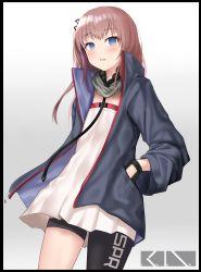 Rule 34 | 1girl, absurdres, anti-rain (girls&#039; frontline), black border, black thighhighs, blue eyes, blush, border, commentary request, cowboy shot, dress, girls&#039; frontline, hako reeema, hands in pockets, highres, jacket, long hair, long sleeves, looking at viewer, one side up, pink hair, single thighhigh, solo, st ar-15 (girls&#039; frontline), thigh strap, thighhighs, white dress