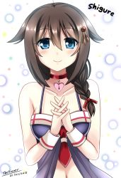 Rule 34 | 10s, 1girl, adapted costume, ahoge, blue eyes, braid, hair flaps, hair ornament, hair over shoulder, hair ribbon, highres, jewelry, kantai collection, long hair, necklace, ribbon, school uniform, serafuku, shigure (kancolle), shigure kai ni (kancolle), single braid, smile, solo, the-sinner