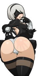 Rule 34 | 1girl, ass, black dress, black gloves, blindfold, breasts, dress, from behind, gloves, hairband, looking back, medium breasts, mike inel, nier (series), nier:automata, open mouth, panties, silver hair, slap mark, solo, thighhighs, transparent background, underwear, white panties, 2b (nier:automata)